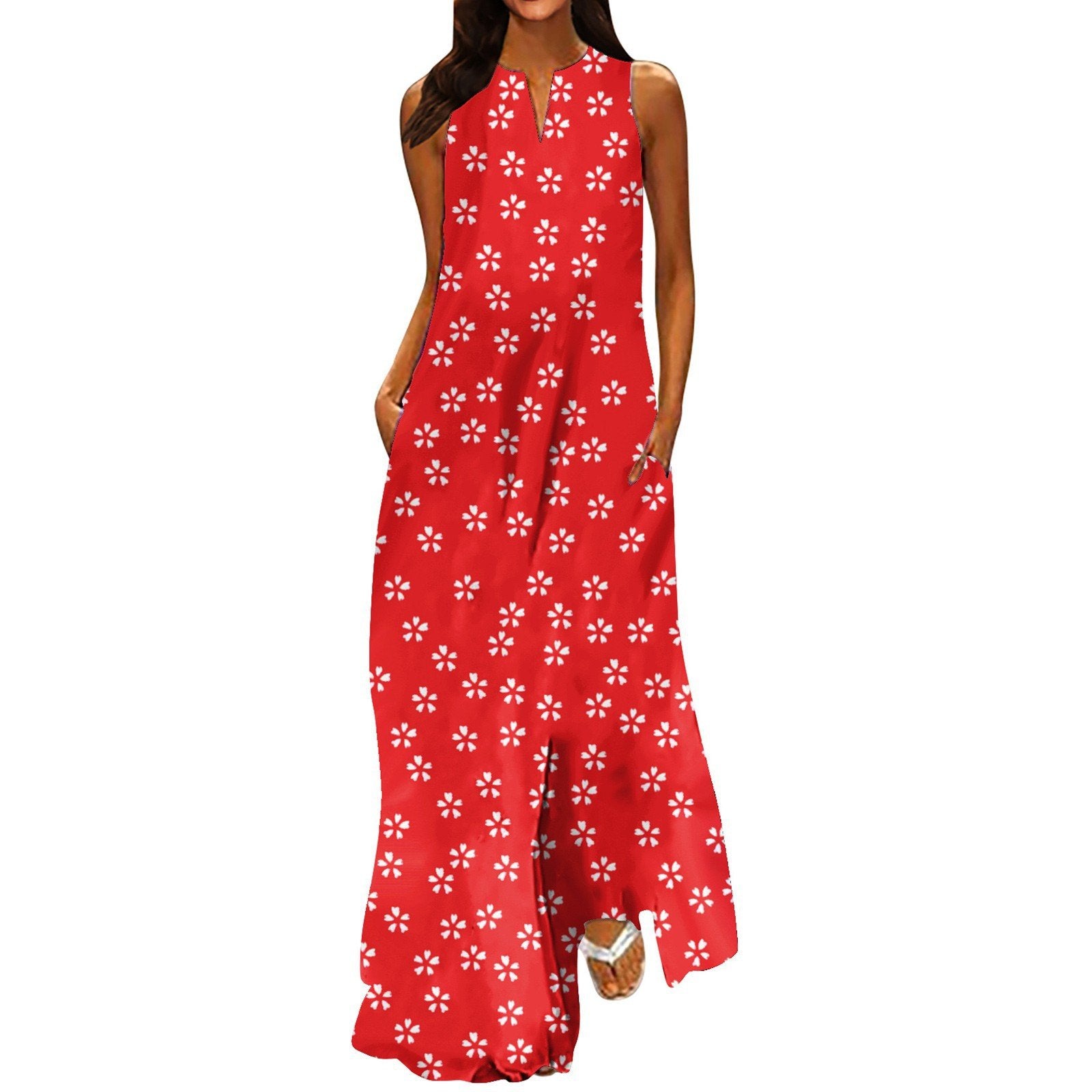 V-neck Floral Pocket Dress for Women