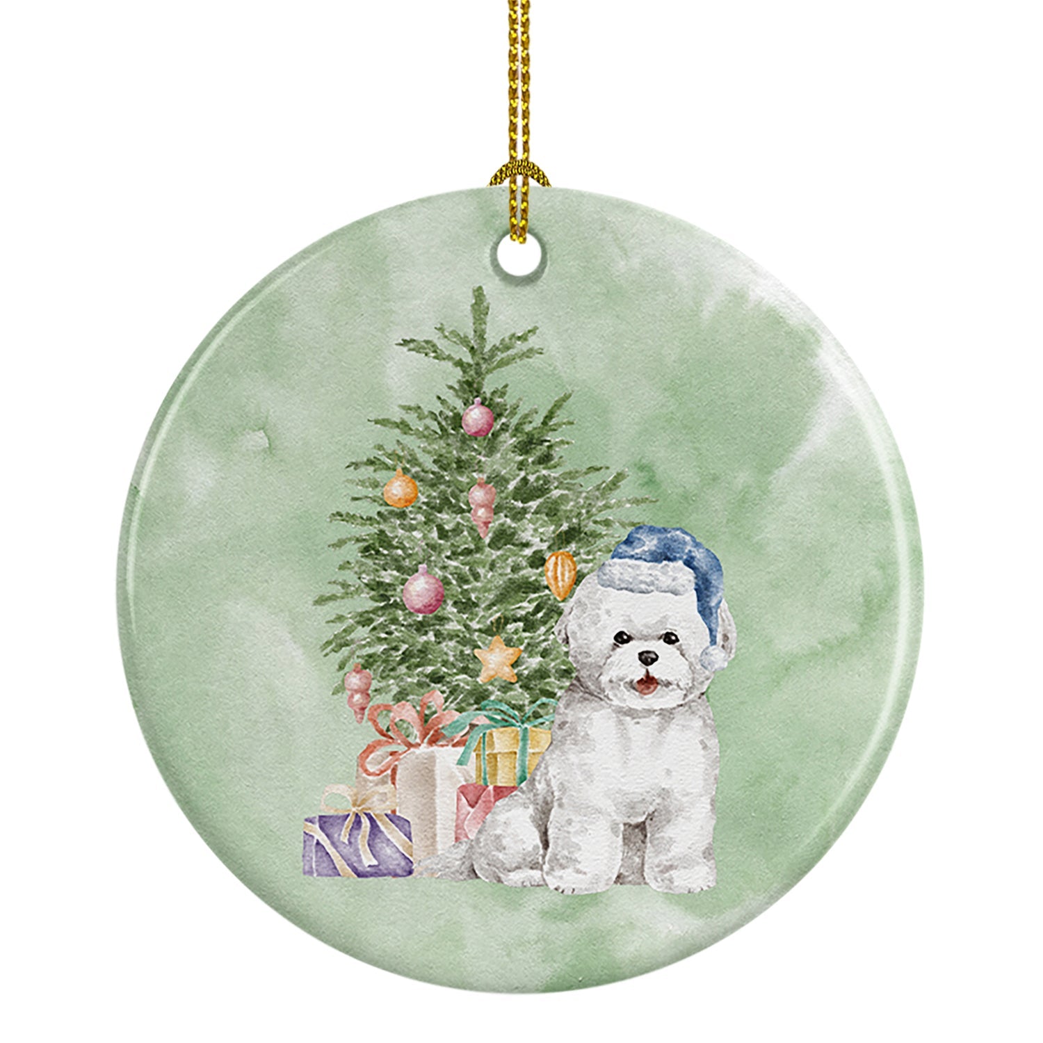 Bichon Frise Blue Hat Christmas Presents and Tree Ceramic Ornament