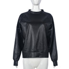 Round Neck Long Sleeve PU Leather Top Coat