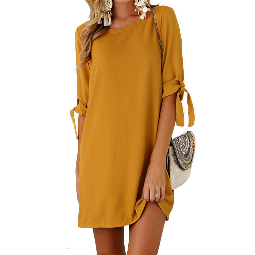 Summer Chiffon Floral Dress with Round Neck and 3/4 Sleeves