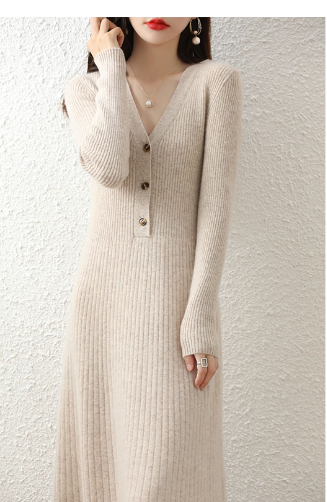 Elegant V-neck Wool Knitted Dress for Women