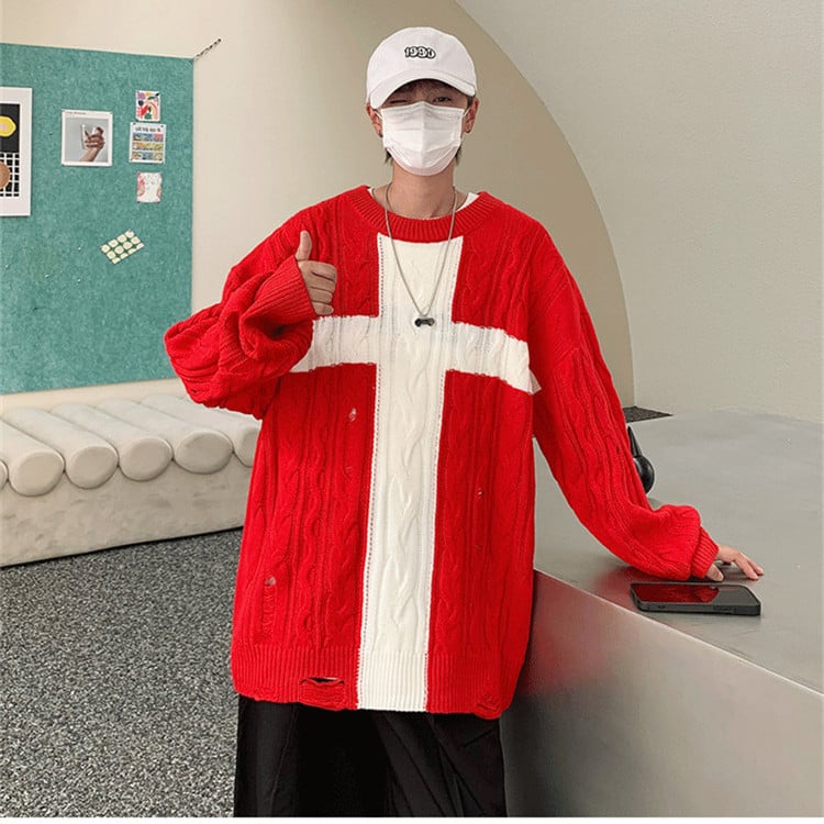 Vintage Loose Knit Cross Sweater for Men