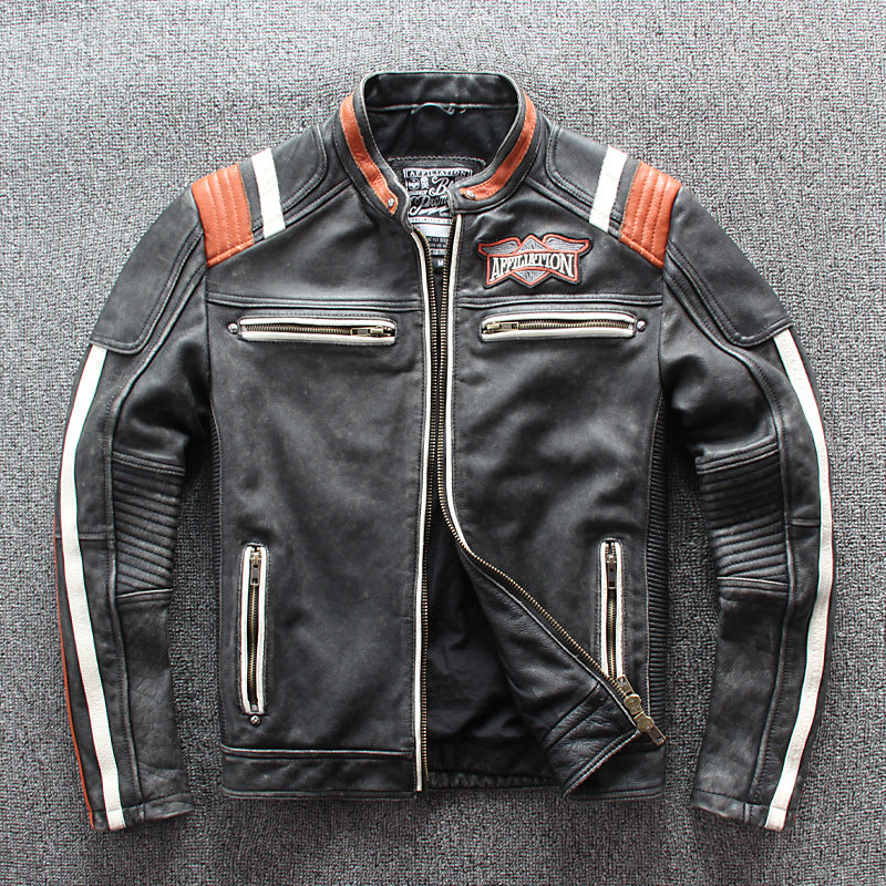 Distressed Cowhide Slim Fit Embroidered Motorcycle Jacket