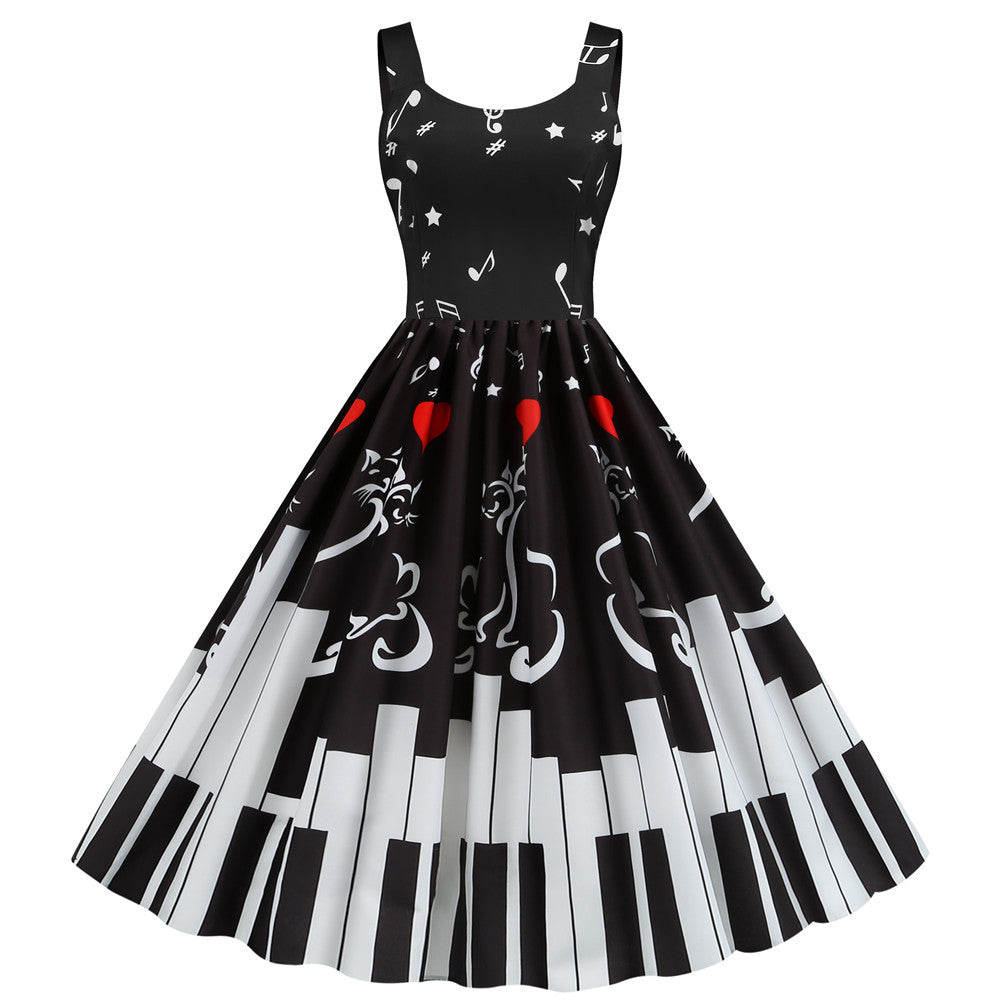 Piano Keys and Music Note Print Sleeveless Swing Dress
