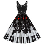 Piano Keys and Music Note Print Sleeveless Swing Dress