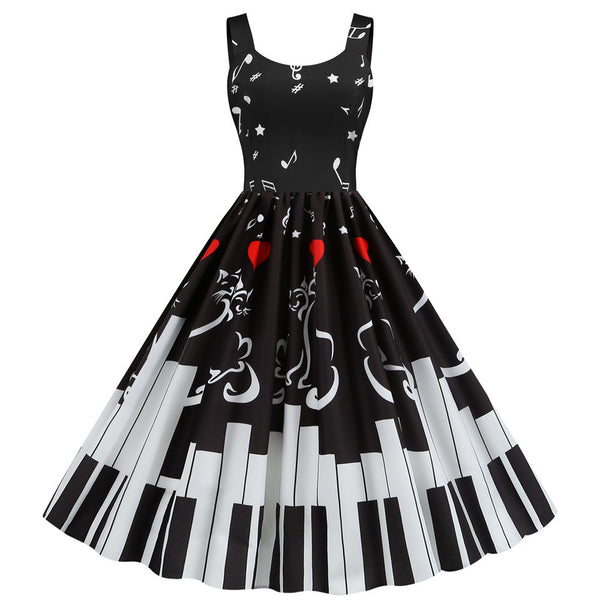 Piano Keys and Music Note Print Sleeveless Swing Dress