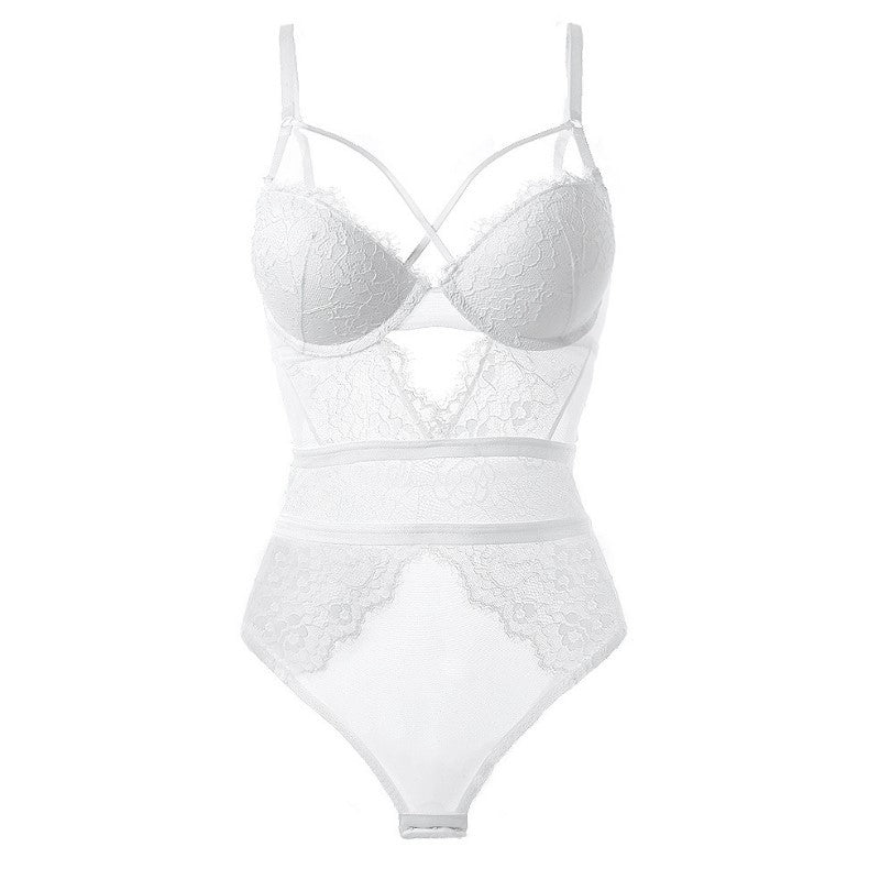 French Sheer Lace Bodysuit with Open-Cup Bra