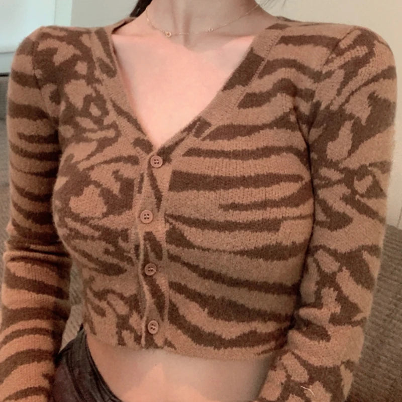 American Retro Leopard V-Neck Knitted Cardigan for Women