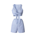 Sleeveless Striped Crop Top & Shorts Set with Bow