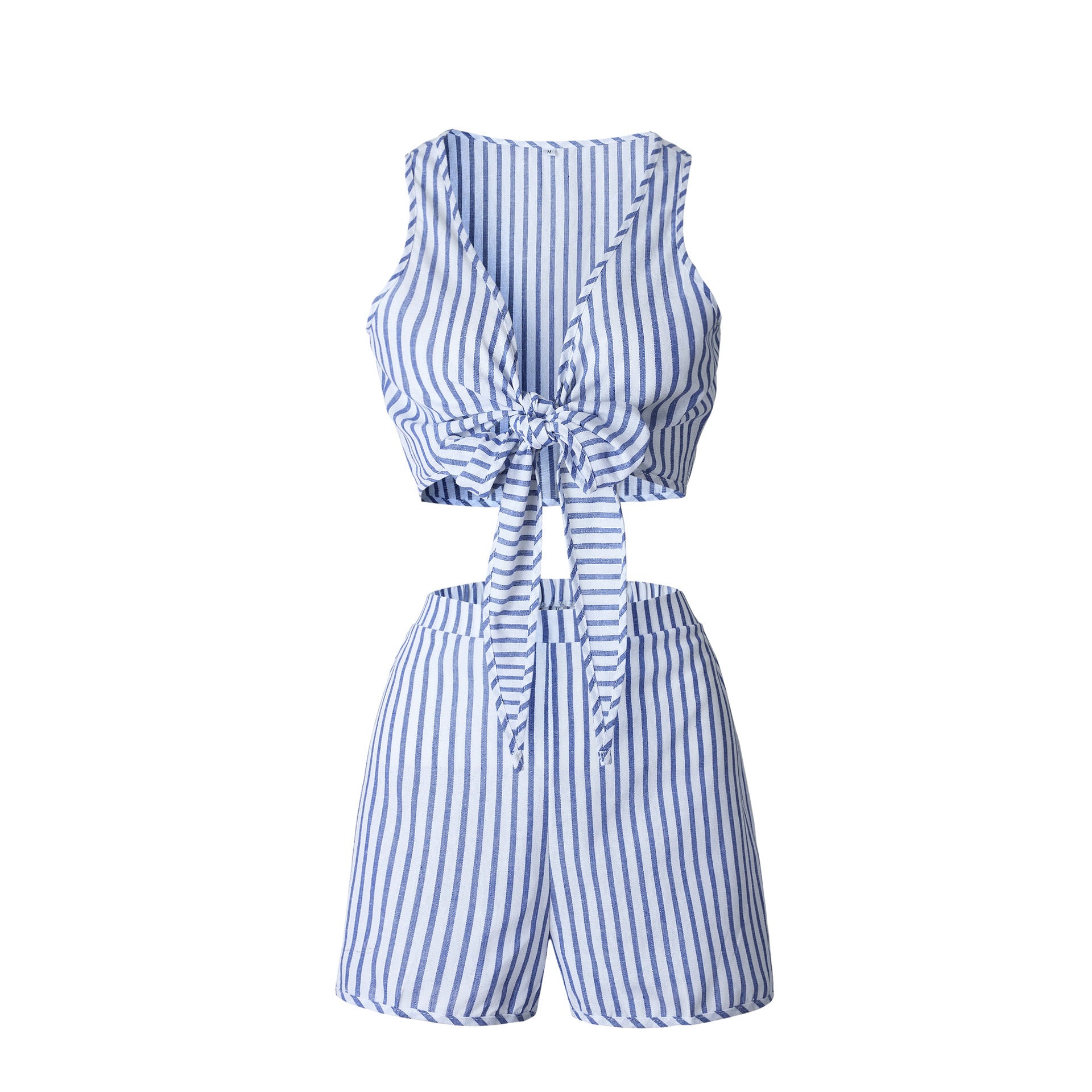 Sleeveless Striped Crop Top & Shorts Set with Bow