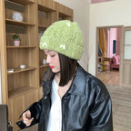 Rabbit Hair Bow Knitted Beanie Hat | Embroidered Cap