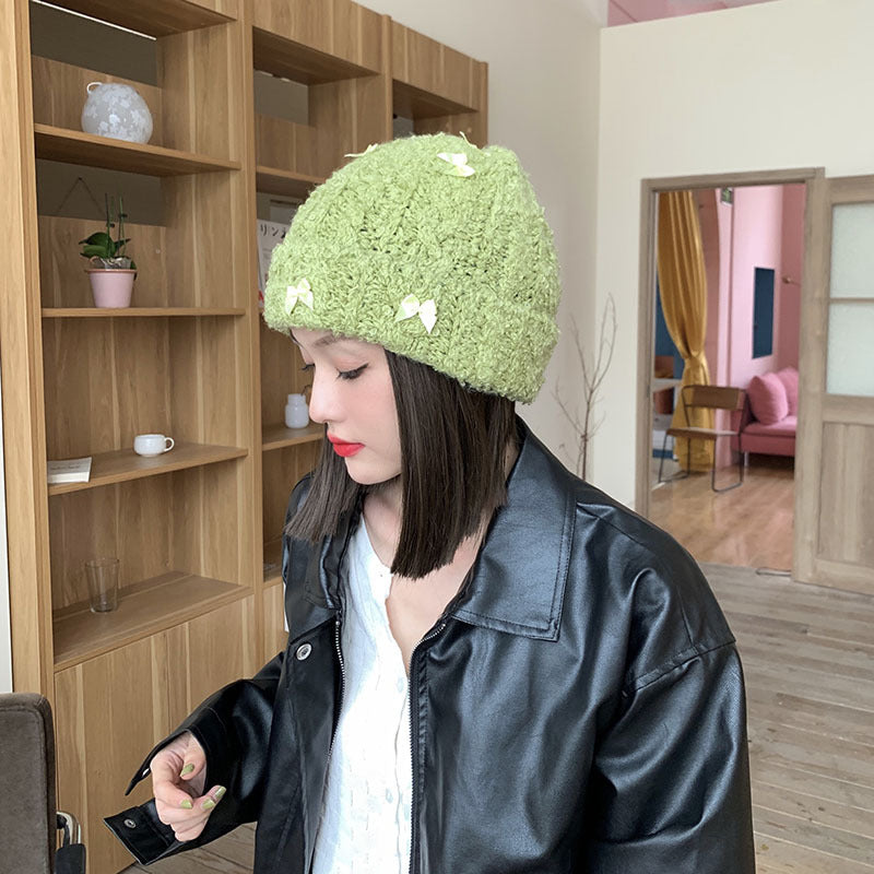Rabbit Hair Bow Knitted Beanie Hat | Embroidered Cap
