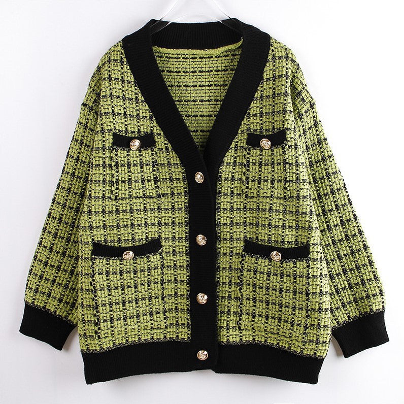 Women's Knitted Plaid Cardigan Jacket - Loose Fit