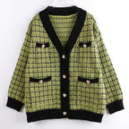 Women's Knitted Plaid Cardigan Jacket - Loose Fit