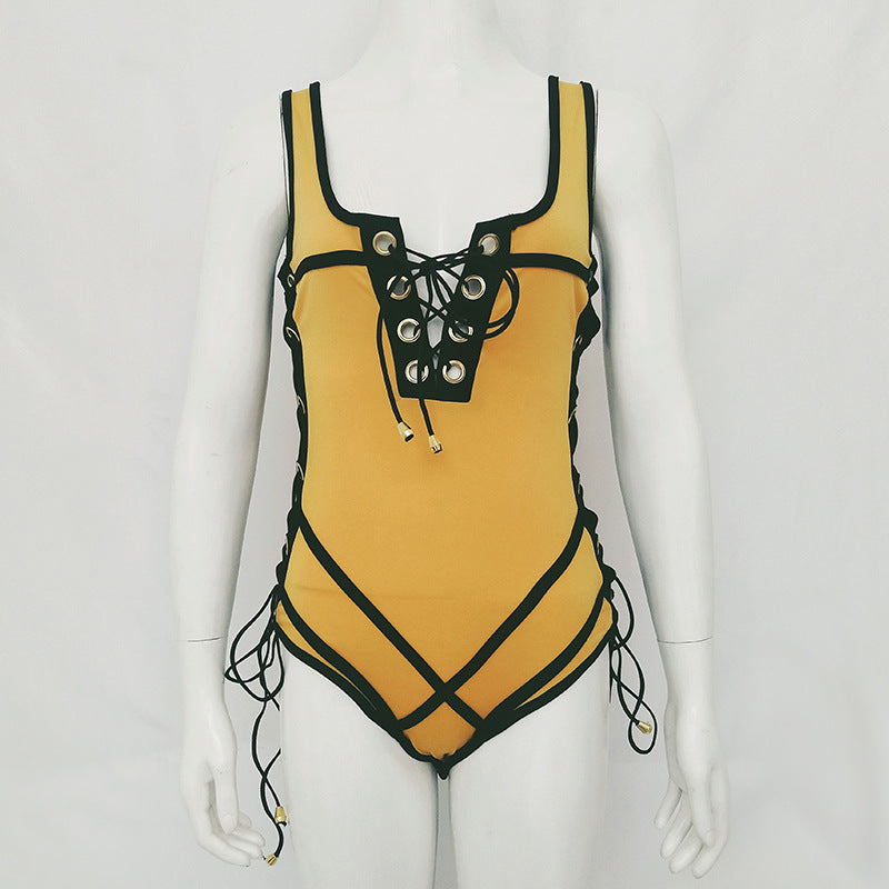 V-Neck Backless Bodysuit with Strap and Eyelets