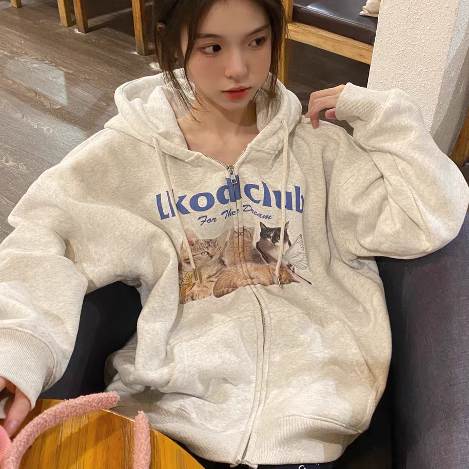 Women's Fleece Hoodie Cardigan with Kitten Print | Streetwear