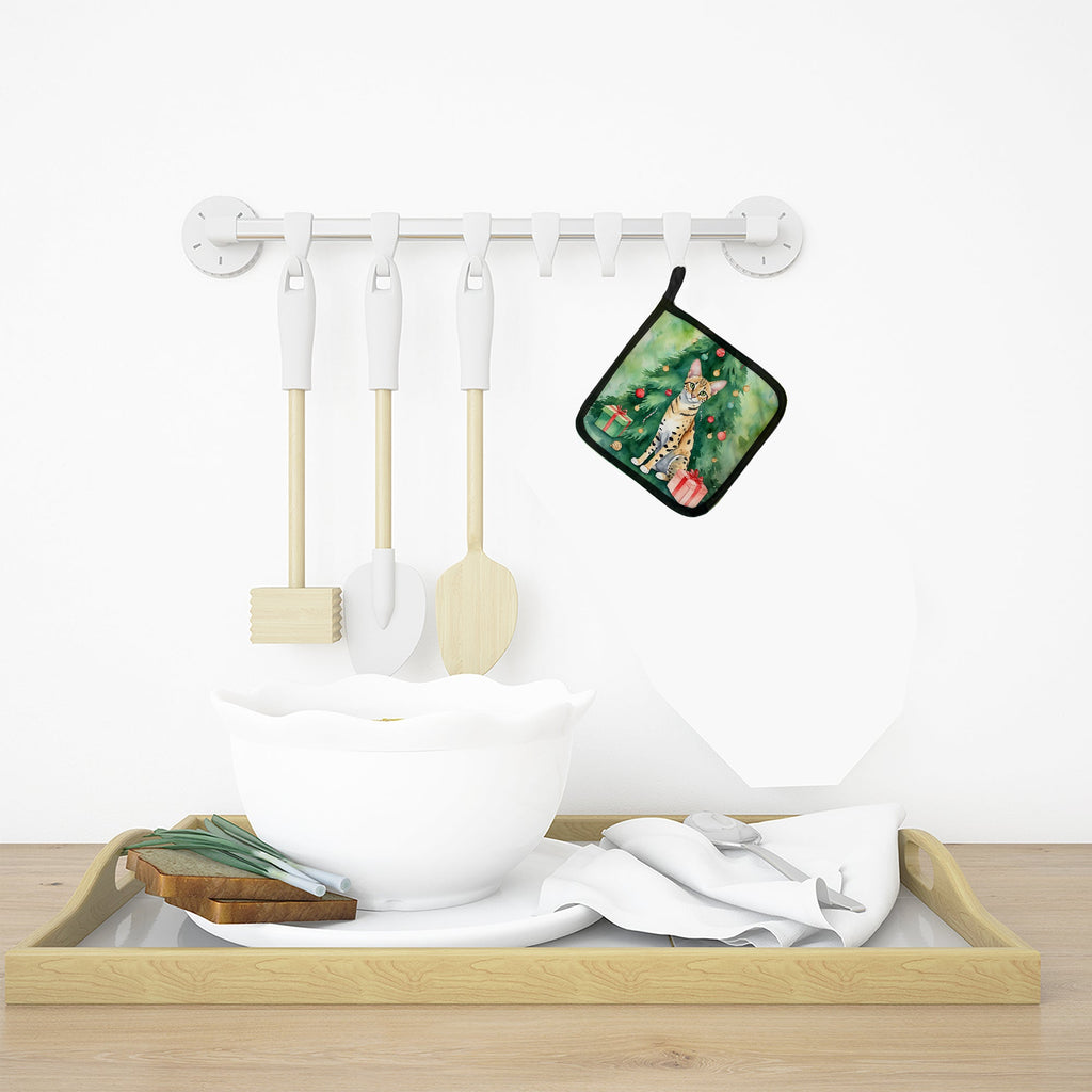 Savannah Cat By the Christmas Tree Pair of Pot Holders