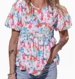 Sky Blue Abstract Puff Sleeve Babydoll Blouse (One Piece)