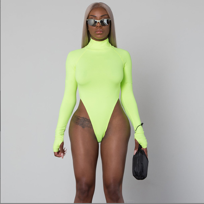 Neon Green High Neck Long Sleeve Women's Bodysuit