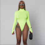 Neon Green High Neck Long Sleeve Women's Bodysuit