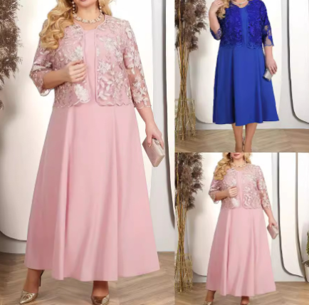 Plus Size Embroidered Long Dress with Jacket (One Set)
