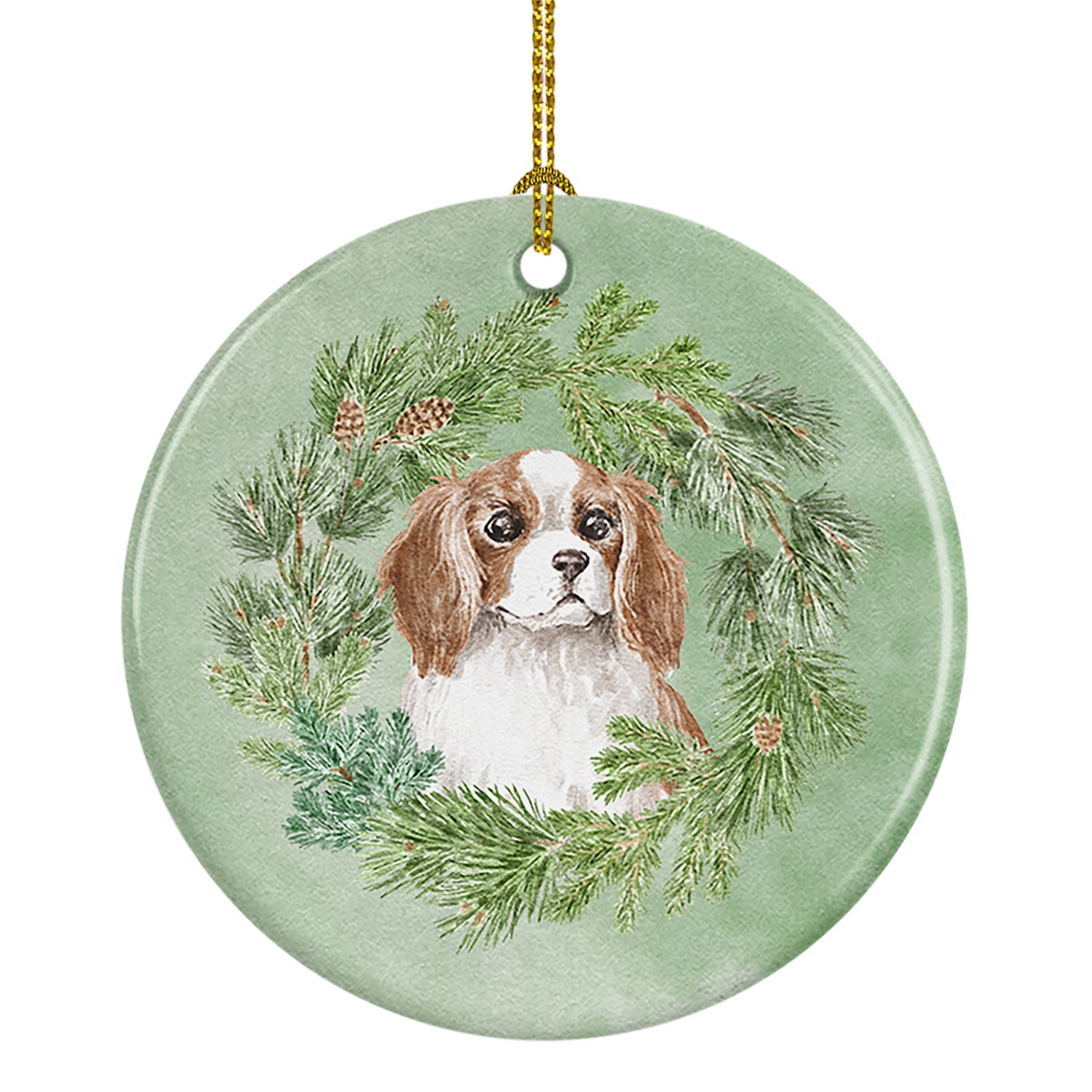Cavalier Spaniel Blenheim Puppy Wide Eyed Christmas Wreath Ceramic Ornament