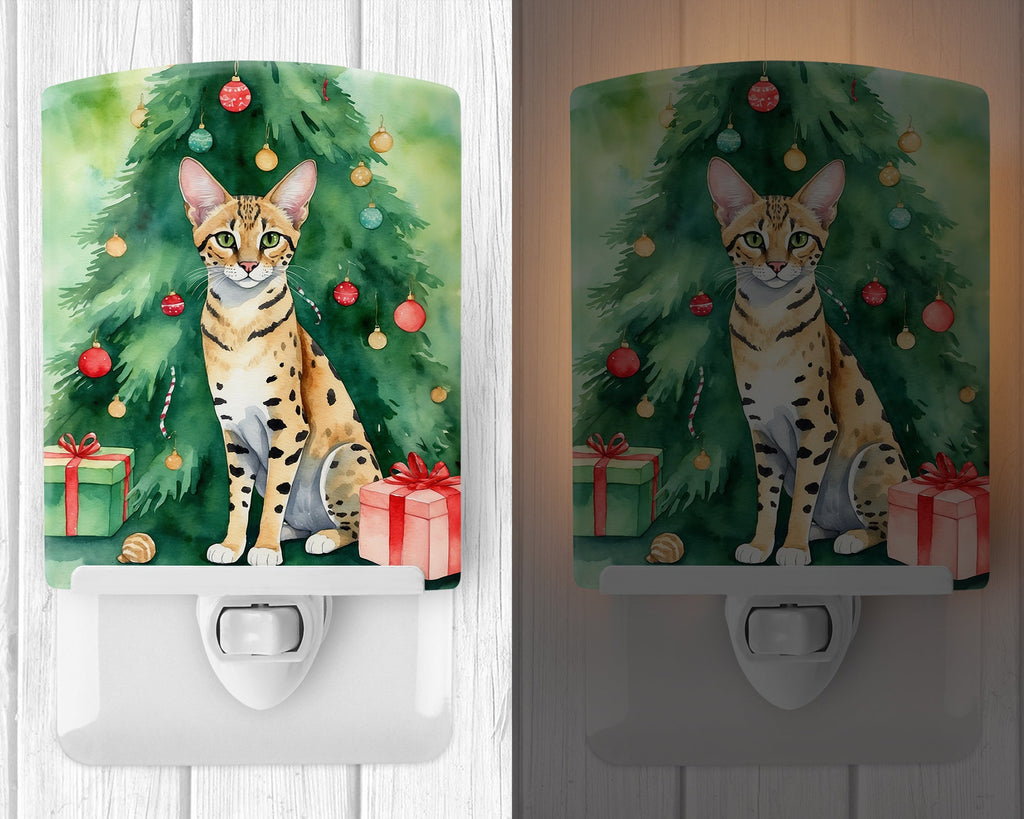 Savannah Cat By the Christmas Tree Ceramic Night Light
