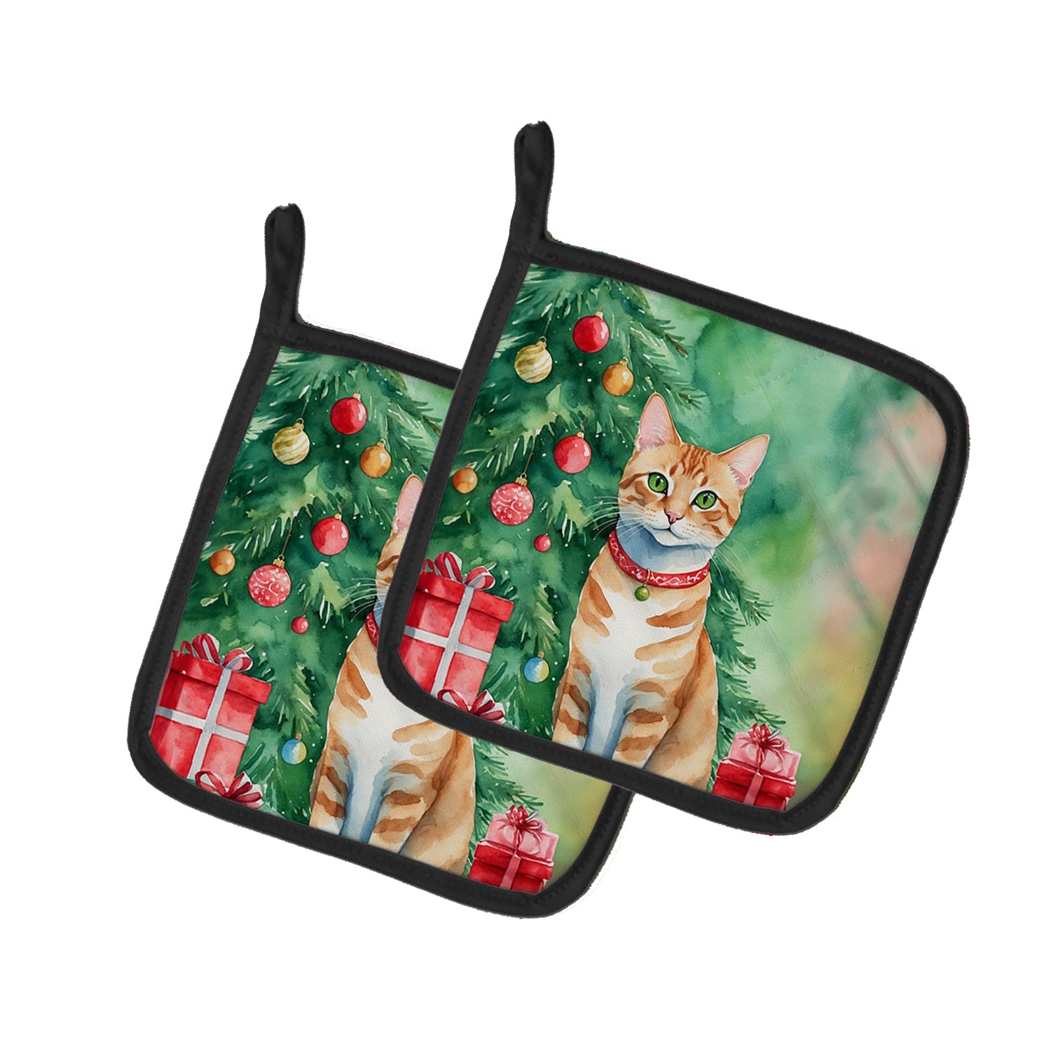 Arabian Mau Cat By the Christmas Tree Pair of Pot Holders