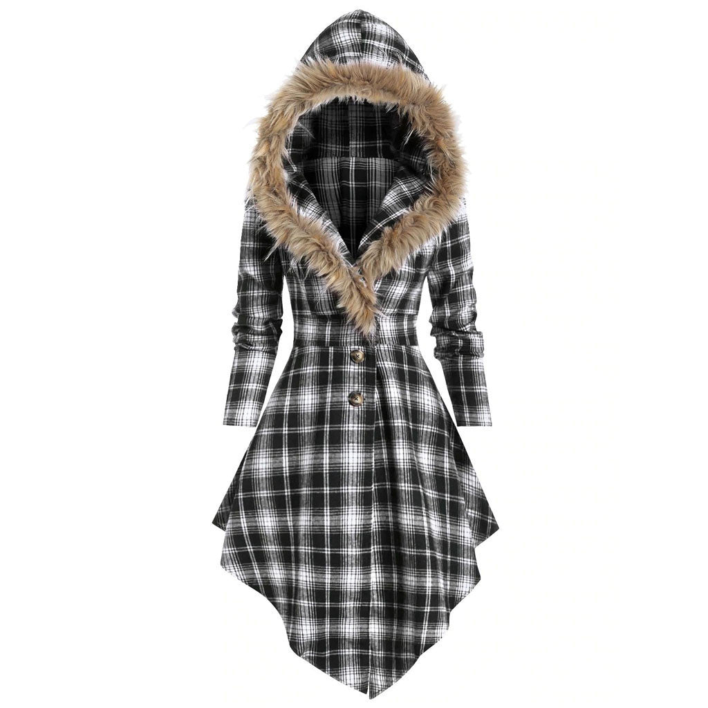 New Women's Winter Plaid Coat with Hood and Belt