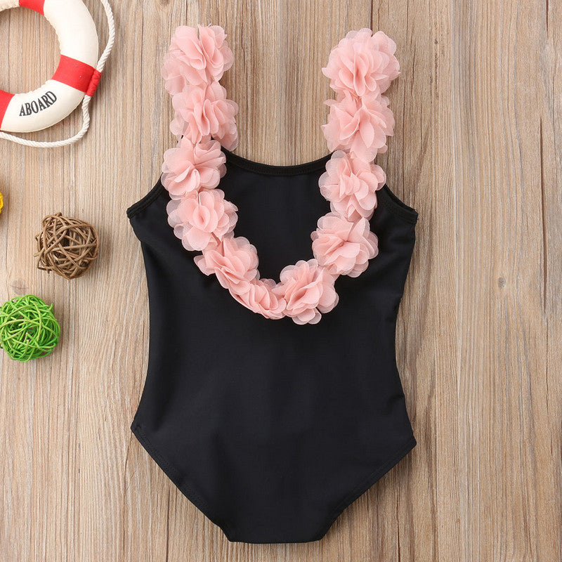 Backless Baby Girl Swimsuit with Flower Straps