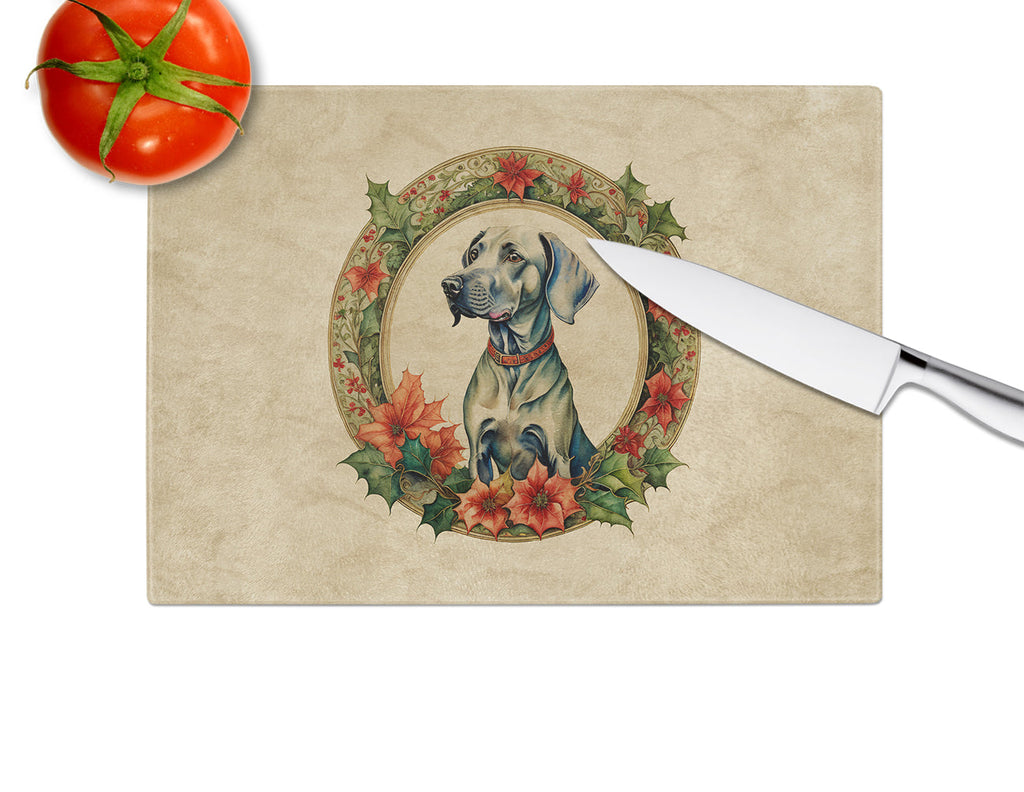 Weimaraner Christmas Flowers Glass Cutting Board