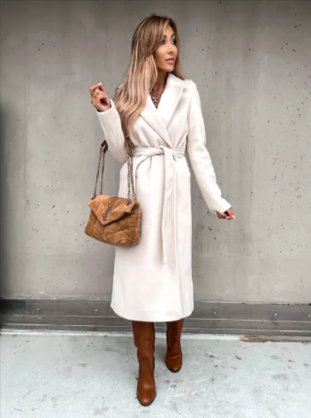 Women's Long Woolen V-Neck Tie-Up Coat