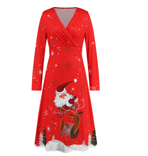 Women's Long Sleeve Christmas V-neck Printed Dress