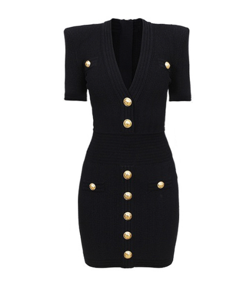Gold Buttons Knit Dress - Short Sleeve V-Neck (One Piece)