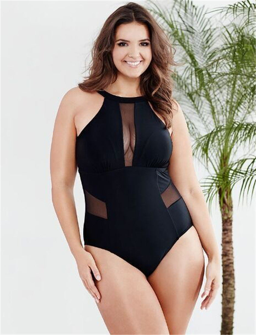 Plus Size Mesh Panel High-Neck One-Piece Swimsuit