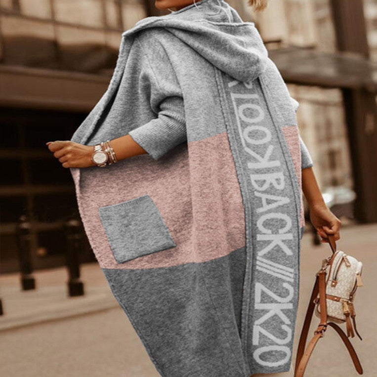 Color Blocked Hooded Long Casual Cardigan