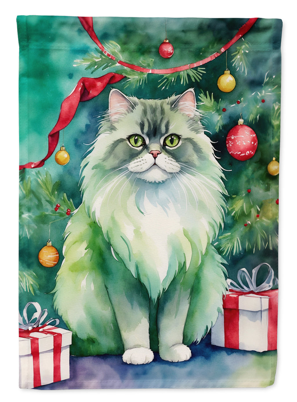 Persian Cat By the Christmas Tree House Flag