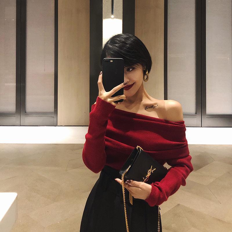 One-Shoulder Sweater with Large Lapel Top