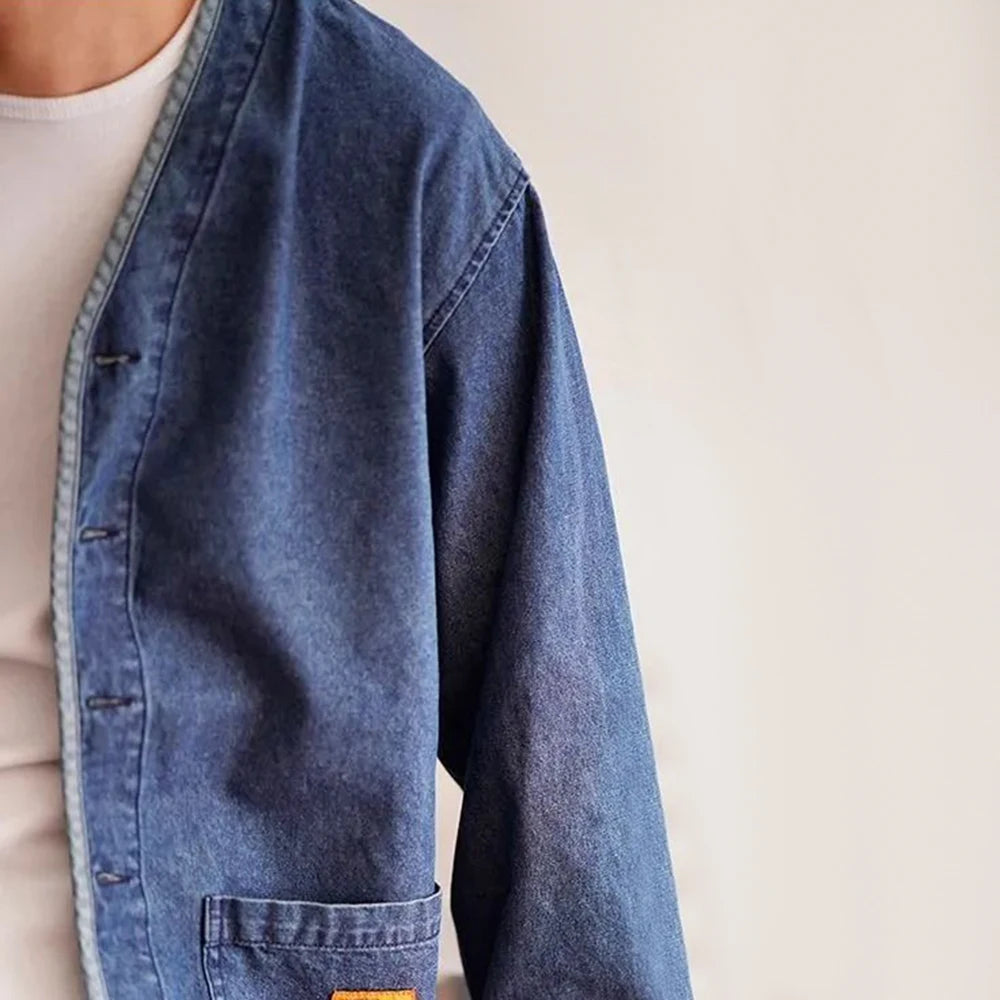 2024 Japanese Retro V-Neck Denim Jacket for Men