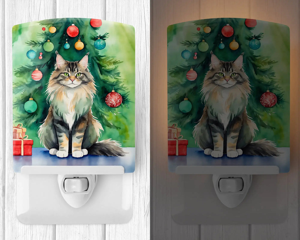 MaineCoon Cat By the Christmas Tree Ceramic Night Light