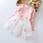 2019 Girls' Floral Bow Long Sleeve Dress (Korean Style)