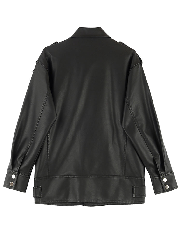 Sungtin Women's Black Faux Leather Jacket with Belt