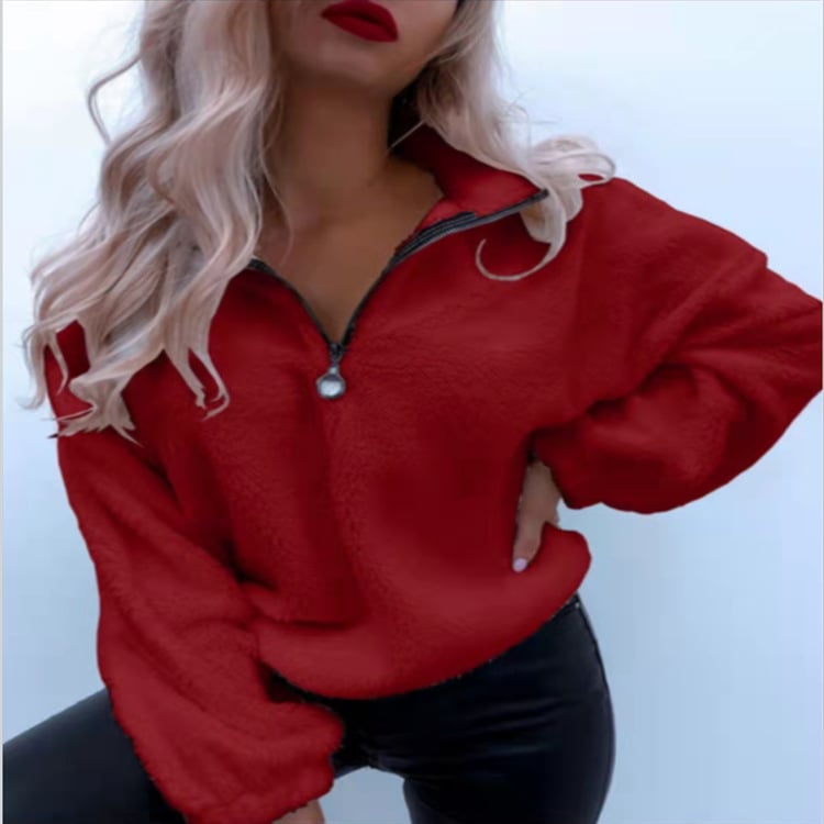 Women's Long-sleeved Flannel Sweater with Lapel Design