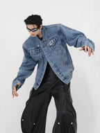 Cropped Denim Jacket with Metal Panels and Pads