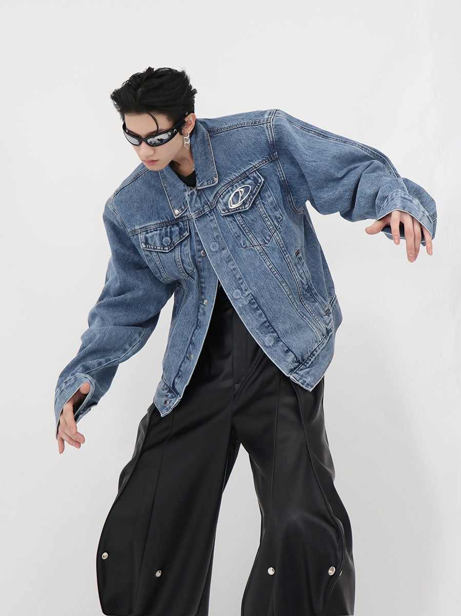 Cropped Denim Jacket with Metal Panels and Pads