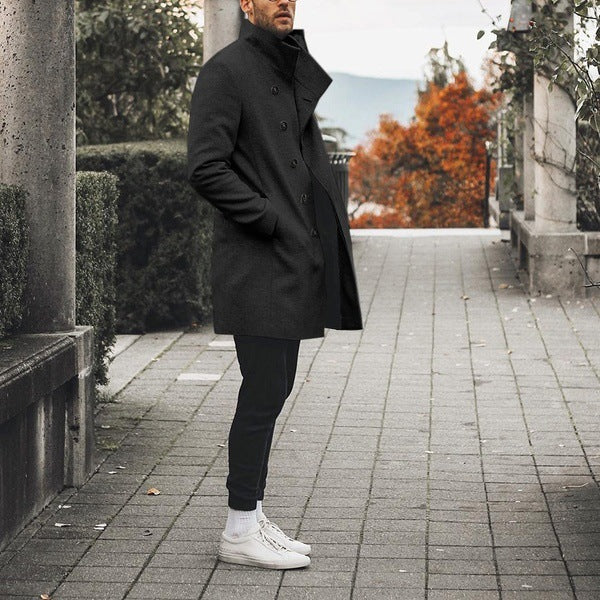 Men's Casual Tweed Trench Coat with Stand Collar