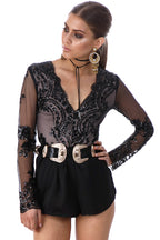 Symmetrical Sequin Long Sleeve V-Neck Bodysuit