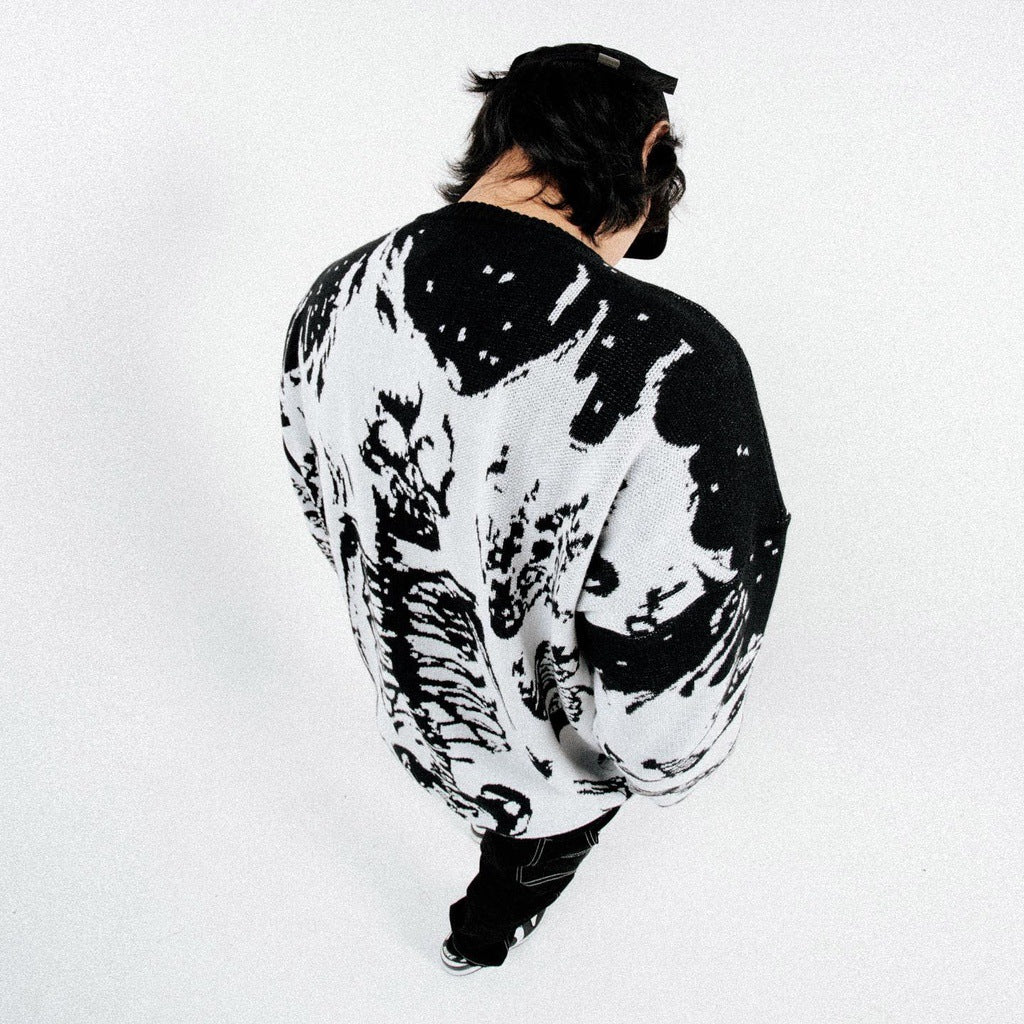 Flame Skull Jacquard Sweater for Teens - Loose Fit Top