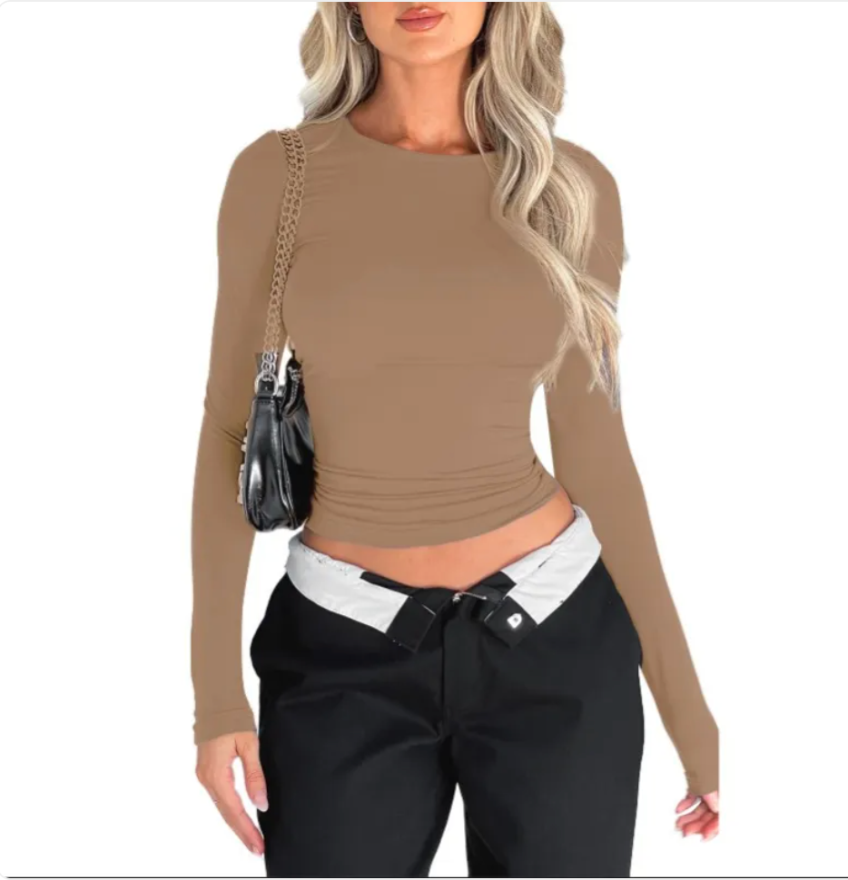 Solid Color Slim-Fit Long Sleeve Women's Casual Pullover Top | Streetwear