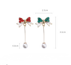 Silver Christmas Pearl Bow Earrings with Tassels